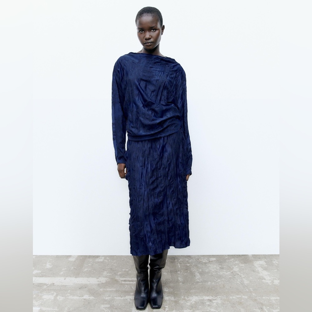 Zara 2 Piece Blue Jacquard Top & Skirt Co Ord Set